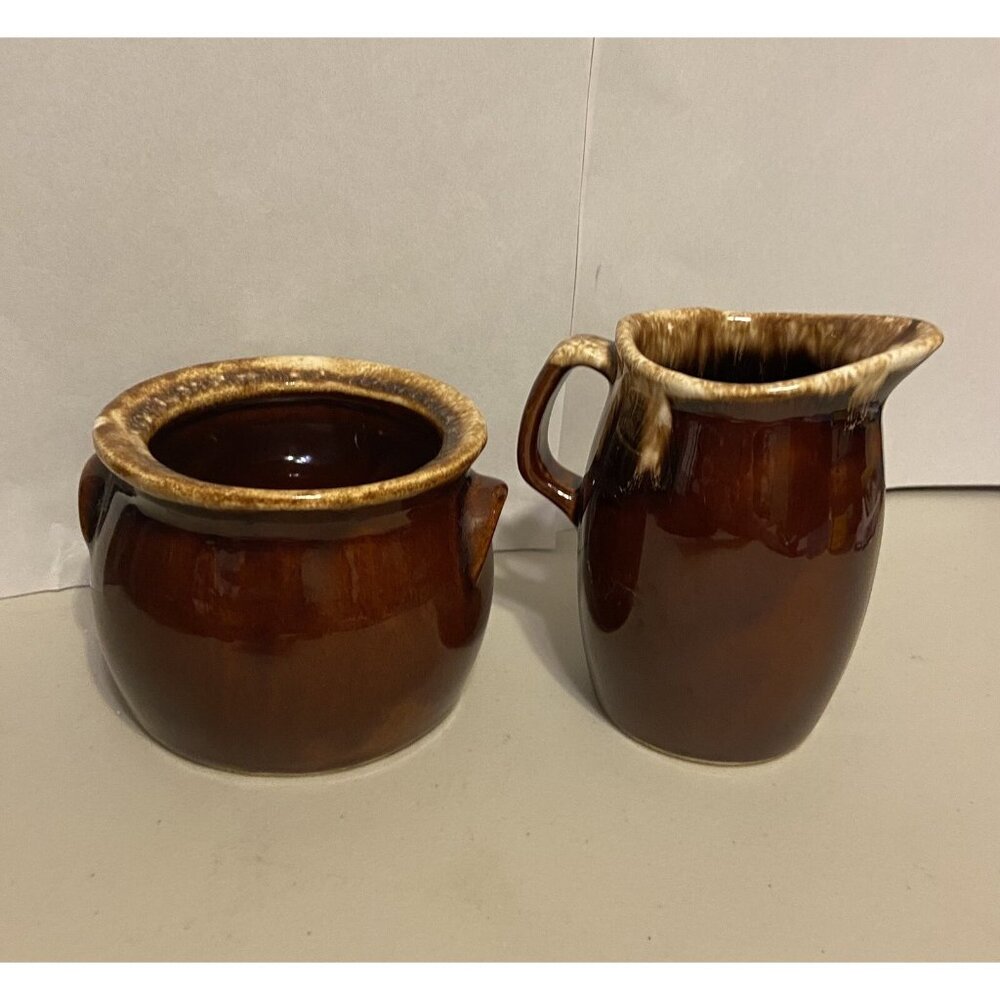 Pottery  Creamer Sugar Bowl Hull Brown Drip Glaze Pottery  No  Lid. Vintage.